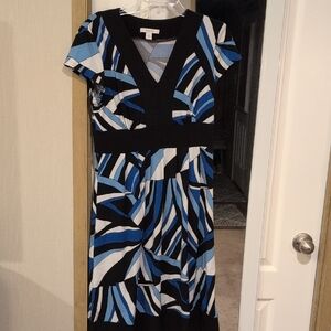 dressbarn Blue, Black & White V-Neck Midi Dress